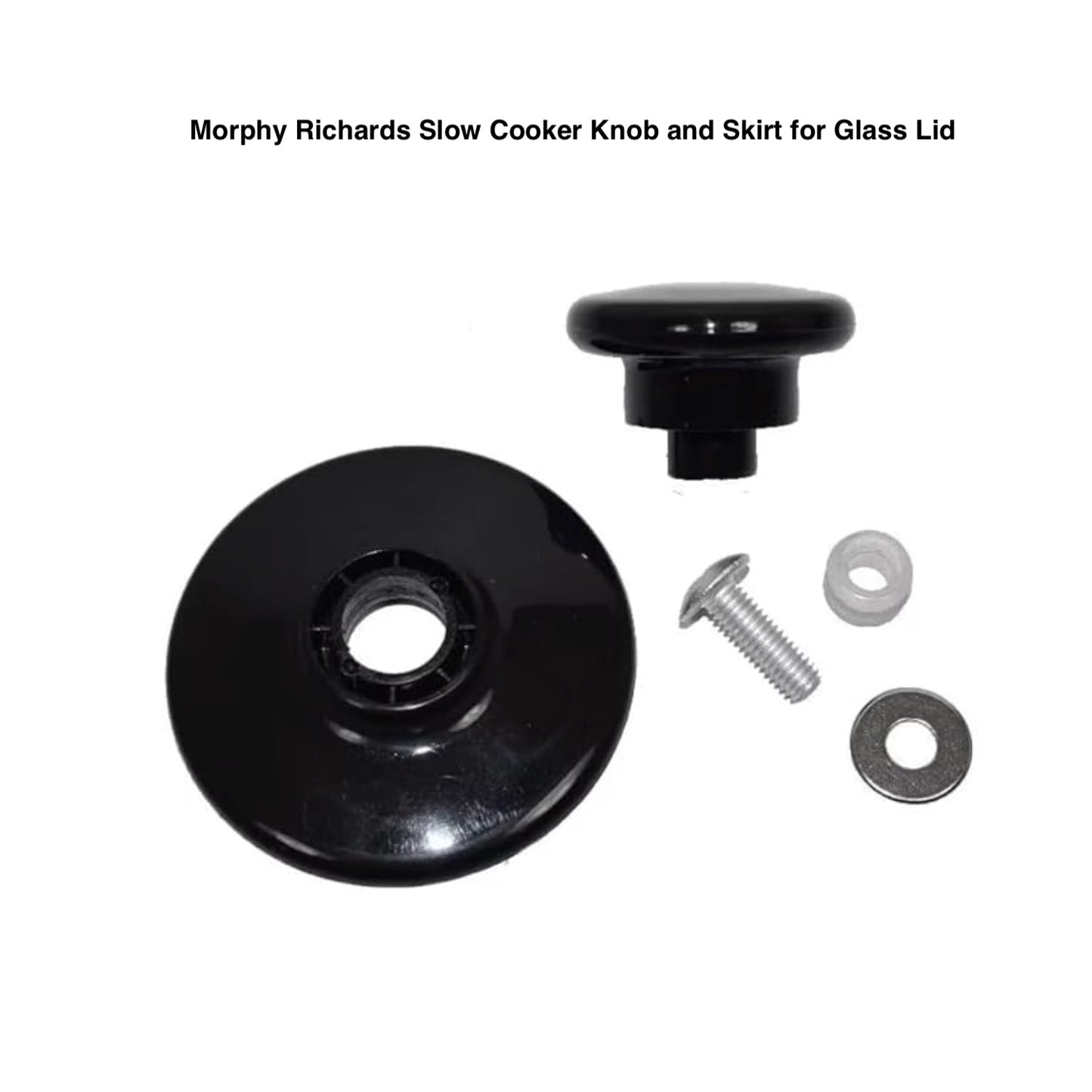 Black Morphy Richards slow cooker knob and skirt with screws on a white background