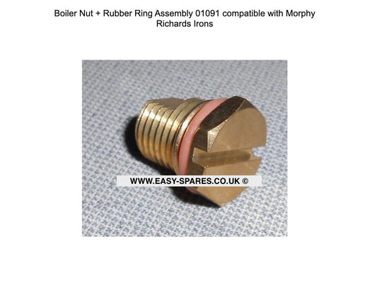 Brass boiler nut and rubber ring assembly with text on a gray background