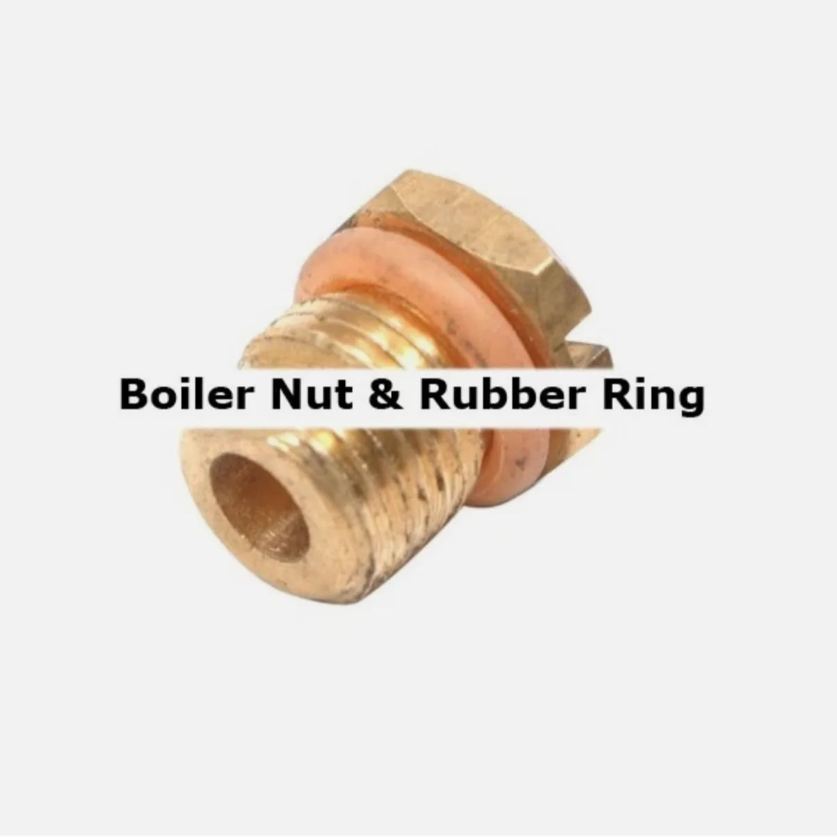 Brass boiler nut with rubber ring on a white background