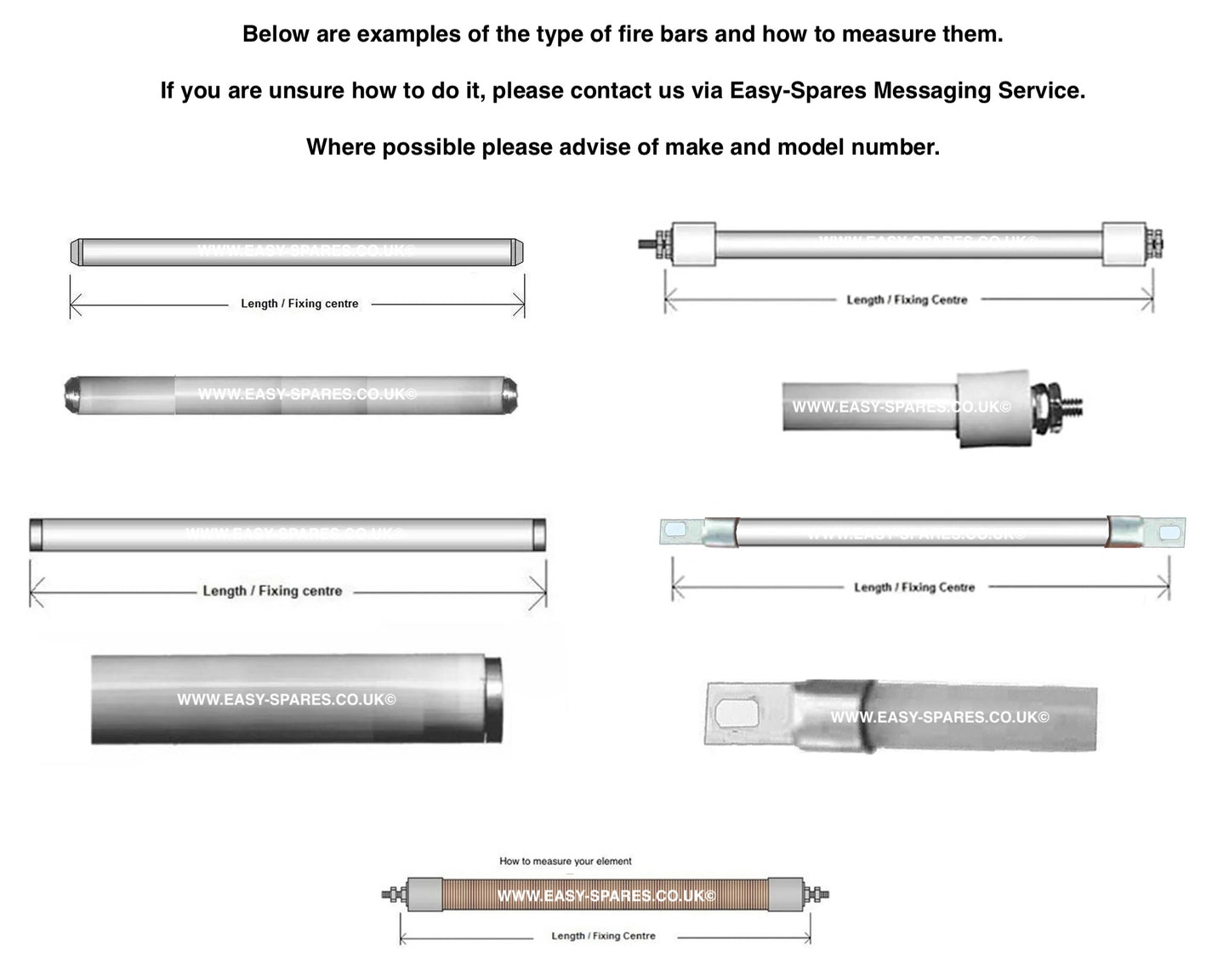 Illustrations of fire bars with measurement details and Easy Spares branding.