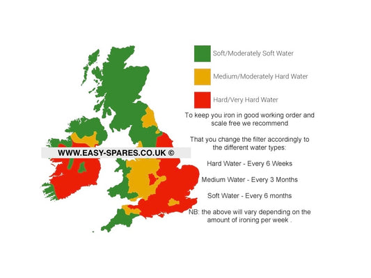 Map of the UK showing water hardness regions with color-coded labels and a website URL.
