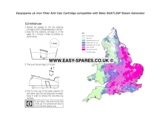 Map of the UK with color coding and text on iron filter anti calc cartridge compatibility with Beko SG7A126P steam generator.