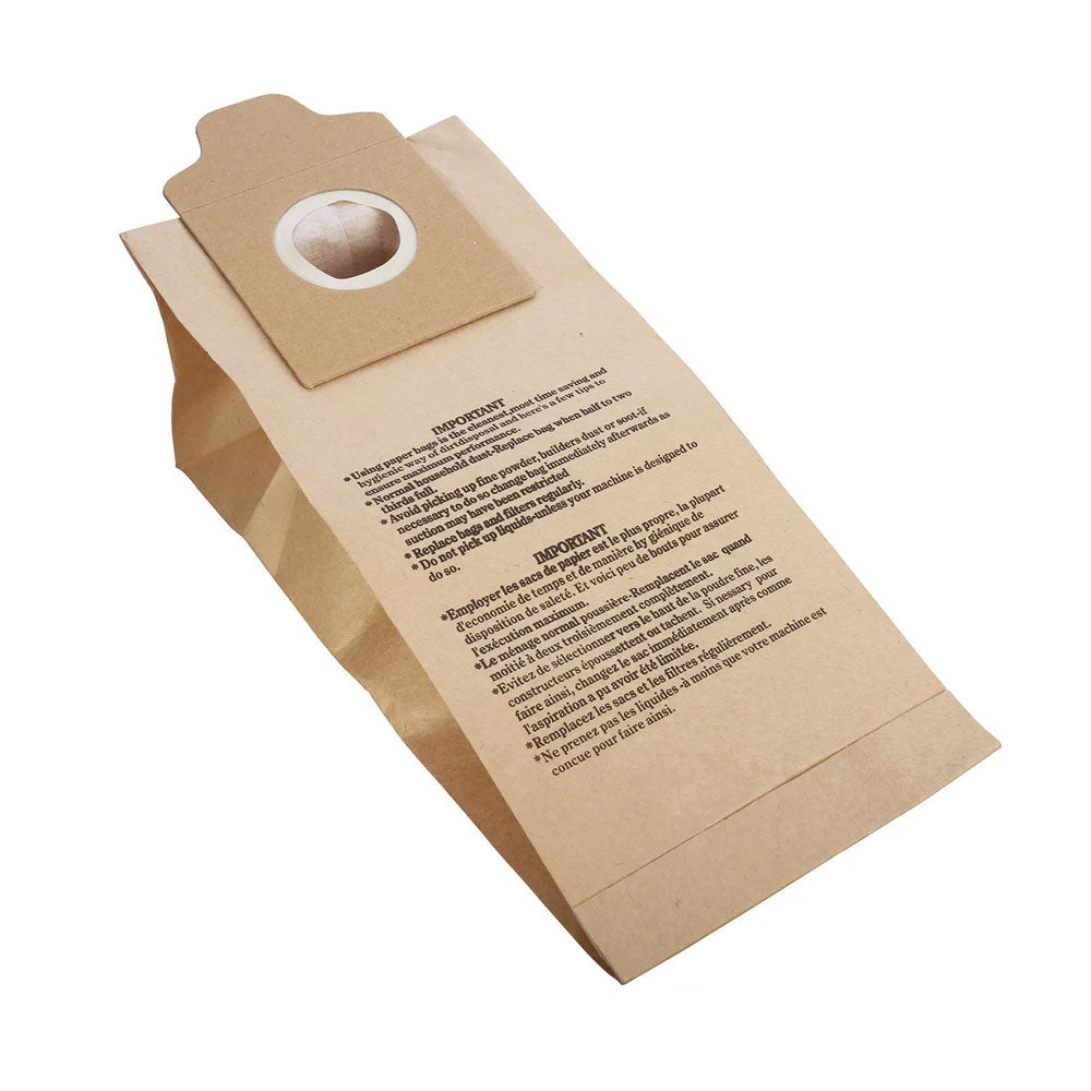 Brown paper dust bag with text on a white background