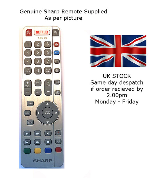 Sharp remote control with Netflix and Aquos logos, UK flag, and text about stock availability.
