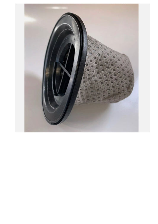 Cloth filter with black plastic rim on a white background