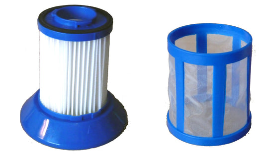 Two blue and white vacuum filter cartridges on a white background