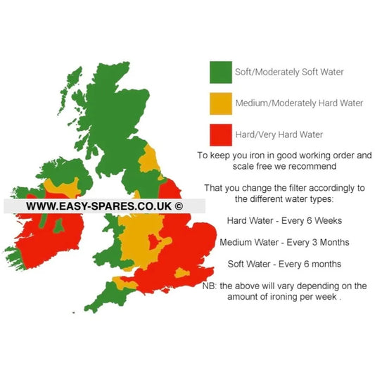 Map of the UK showing water hardness regions with corresponding water quality information.