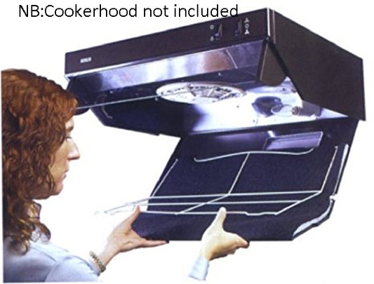 Person holding a large kitchen exhaust hood with text 'NB: Cookerhood not included' at the top.