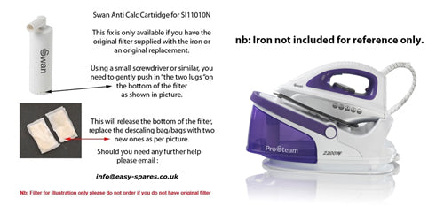 Swan anti-calc iron with filter replacement instructions on a white background