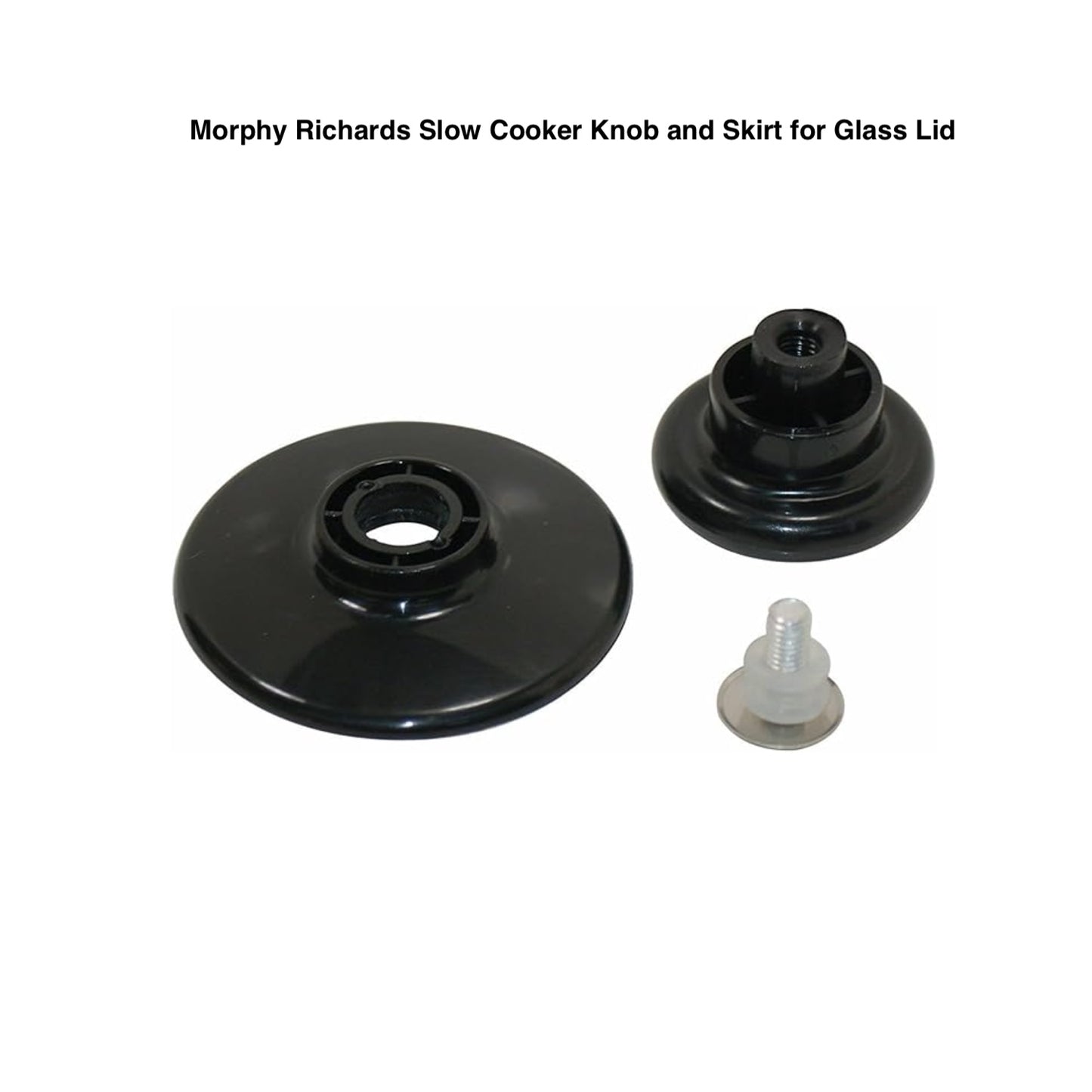 Black Morphy Richards slow cooker knob and skirt for glass lid on a white background