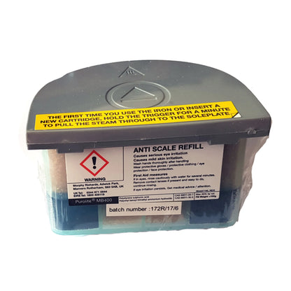 Anti scale refill container with warning labels on a white background