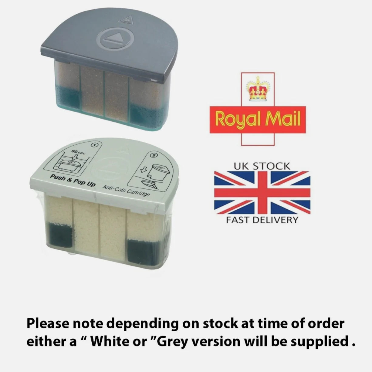 Two anti-calcium cartridges with Royal Mail logo and UK stock information on a white background.