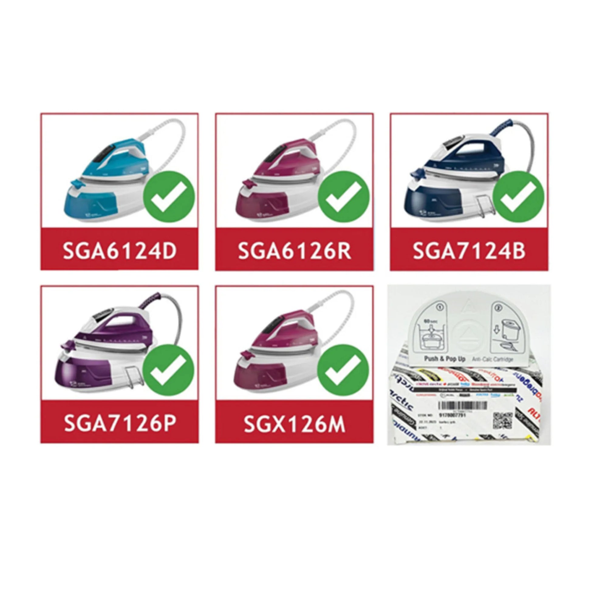 Comparison chart of different models of steam iron with labels and checkmarks.