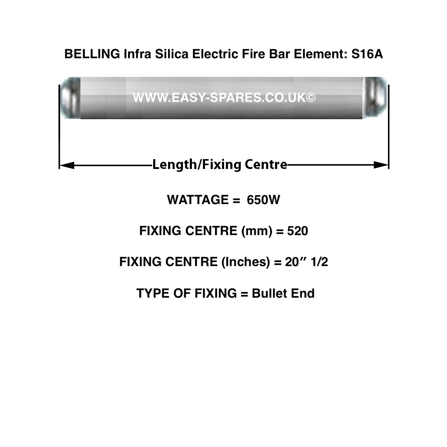 Technical diagram of a Belling Infra Silica Electric Fire Bar Element with dimensions and specifications.