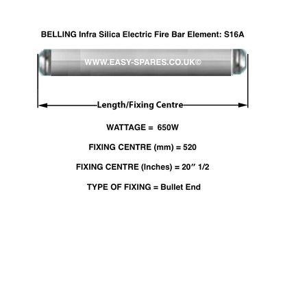 Technical diagram of a Belling Infra Silica Electric Fire Bar Element with dimensions and specifications.