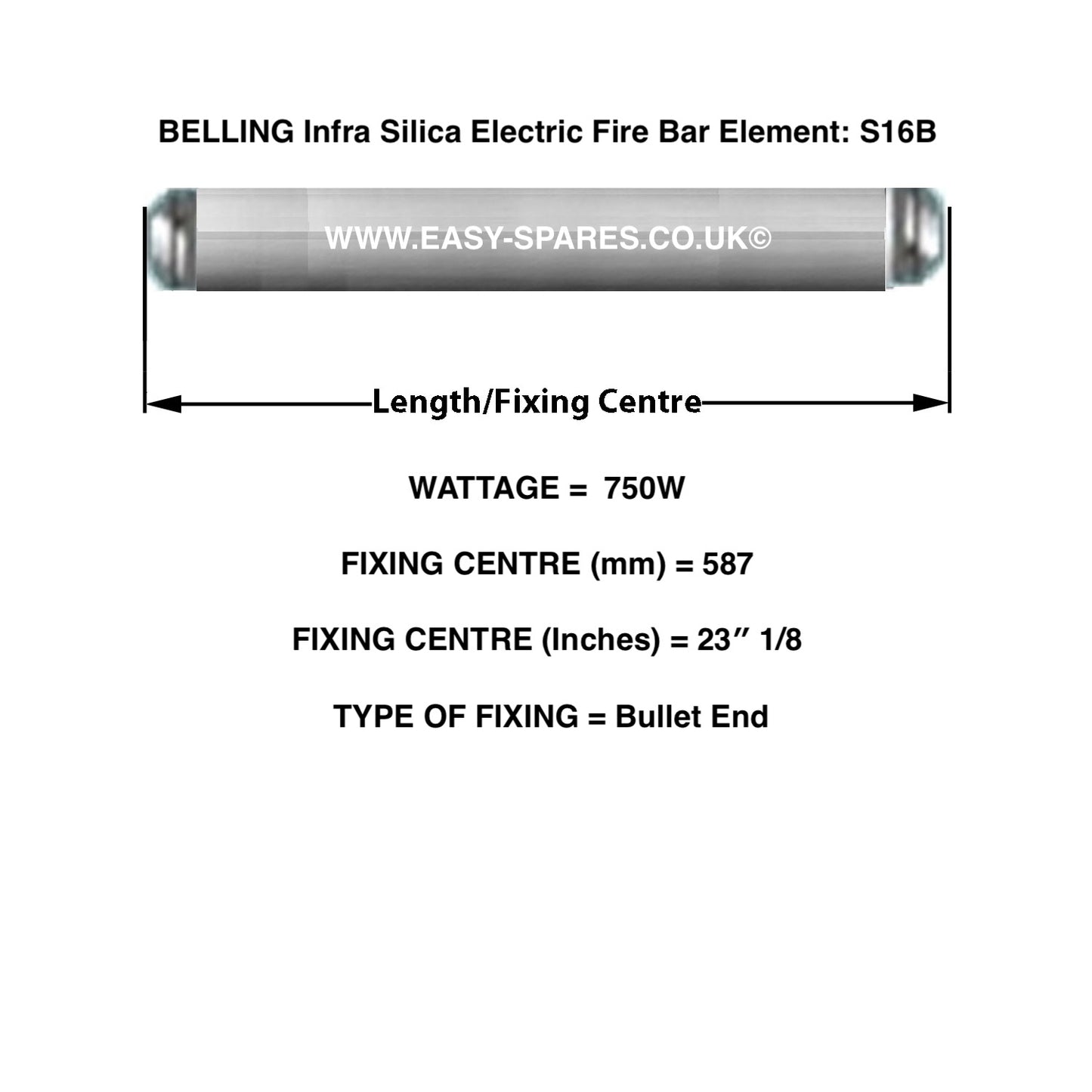 Technical diagram of Belling Infra Silica Electric Fire Bar Element S16B with dimensions and specifications.