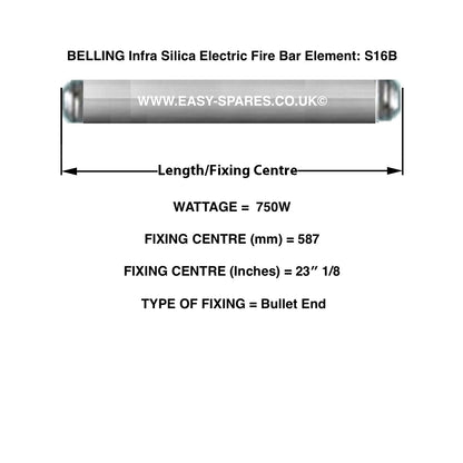 Technical diagram of Belling Infra Silica Electric Fire Bar Element S16B with dimensions and specifications.