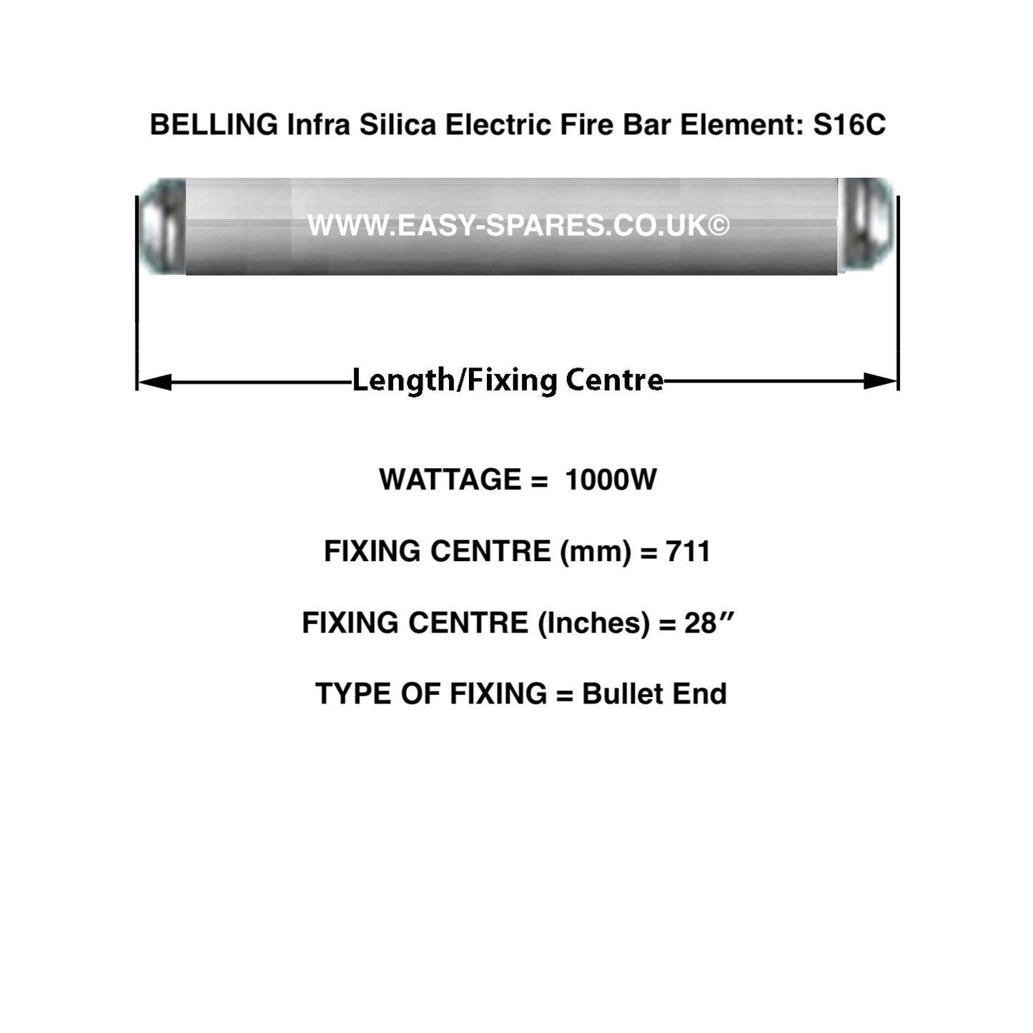 Belling Infra Silica Electric Fire Bar Element S16C with dimensions and specifications on a white background.