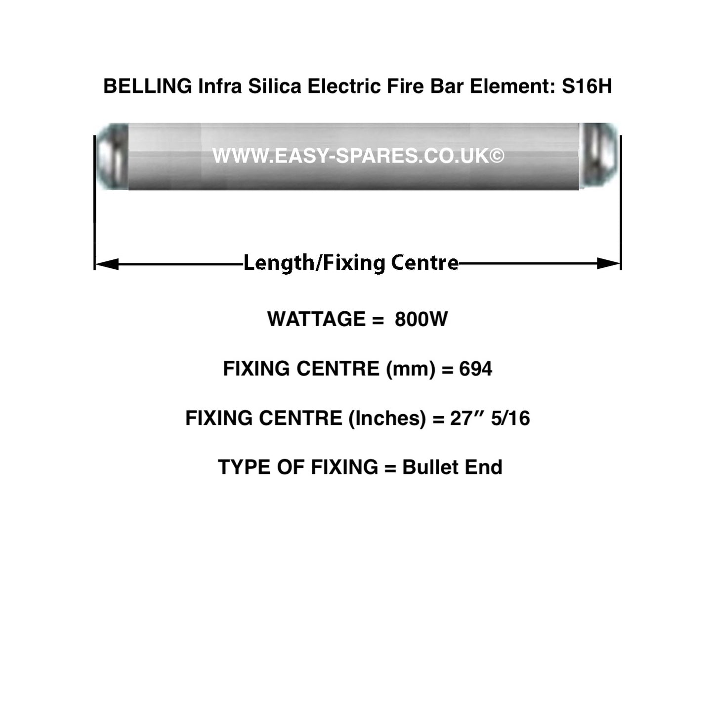 Technical diagram of a Belling Infra Silica Electric Fire Bar Element with dimensions and specifications.