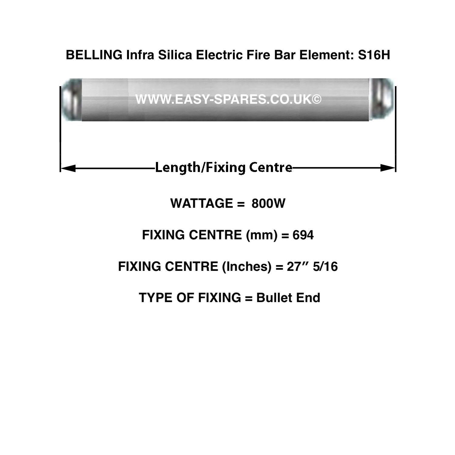 Technical diagram of a Belling Infra Silica Electric Fire Bar Element with dimensions and specifications.