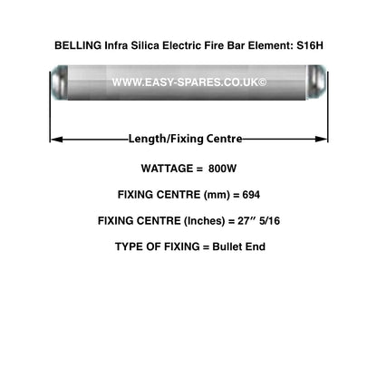 Technical diagram of a Belling Infra Silica Electric Fire Bar Element with dimensions and specifications.