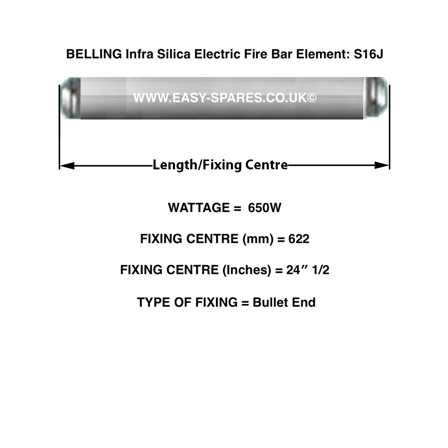 BELLING Infra Red Silica Tube Elements S16J  - 650 Watts