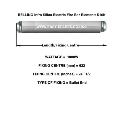 Belling Infra Silica Electric Fire Bar Element S16K with dimensions and specifications on a white background.