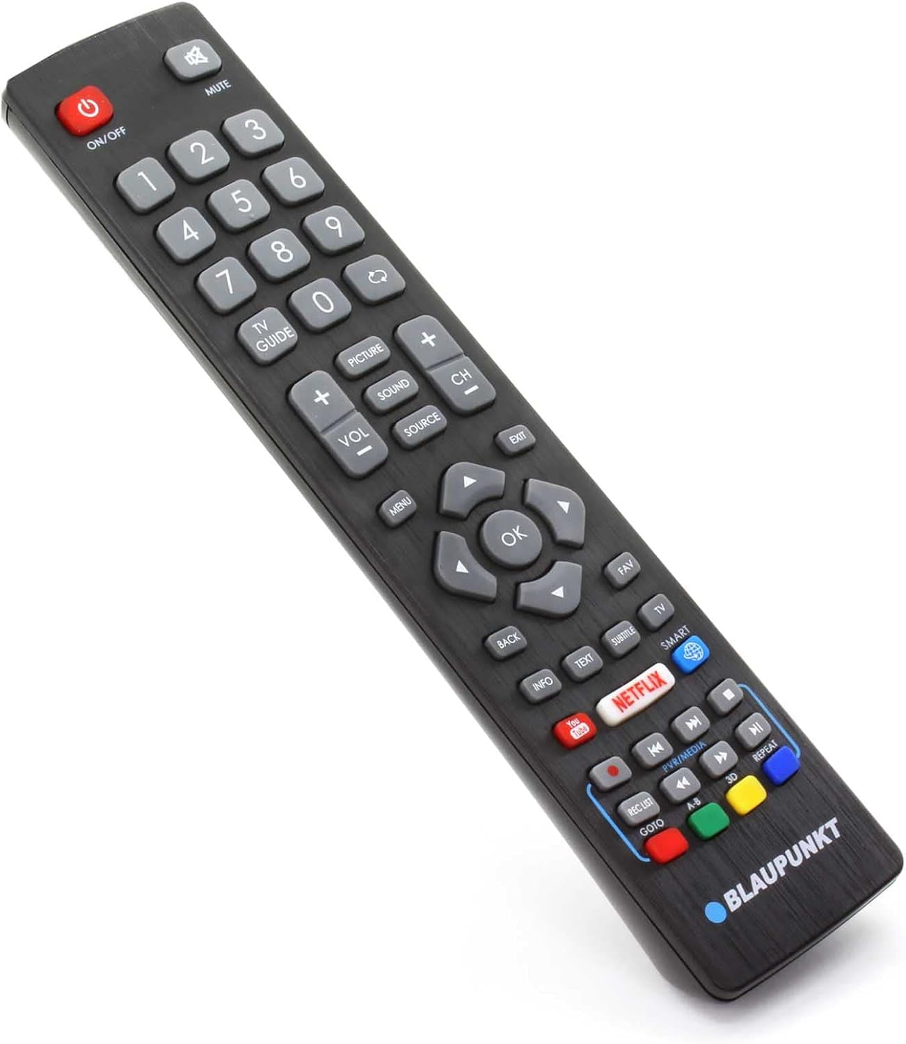 Black remote control with various buttons on a white background