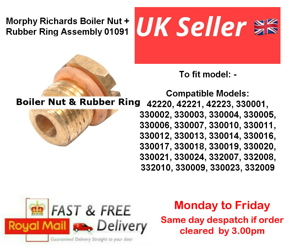 Brass boiler nut and rubber ring with compatible model numbers and delivery information