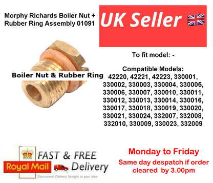 Brass boiler nut and rubber ring with compatible model numbers and delivery information