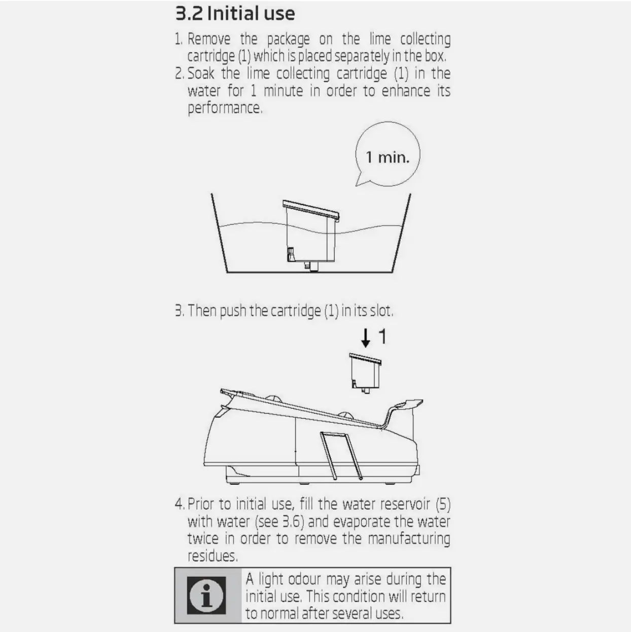 Instructions for initial use of a device with diagrams and text on a white background