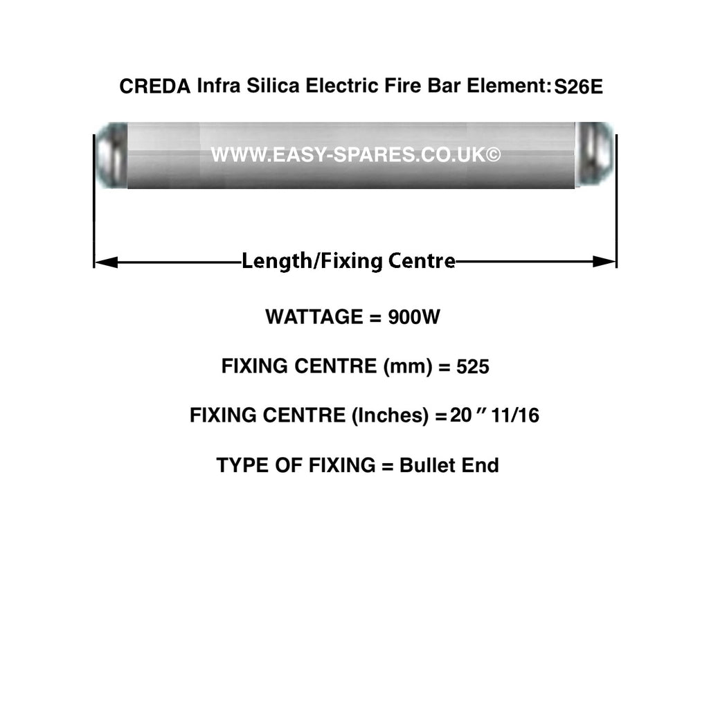 CREDA Type Silica Infrared Electric Fire Bar Glass Element S26E - 900 Watts