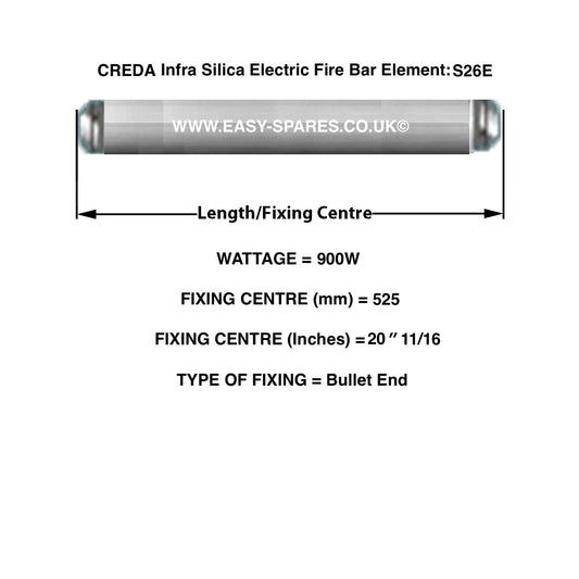 Technical diagram of a CREDA Infra Silica Electric Fire Bar Element with dimensions and specifications.