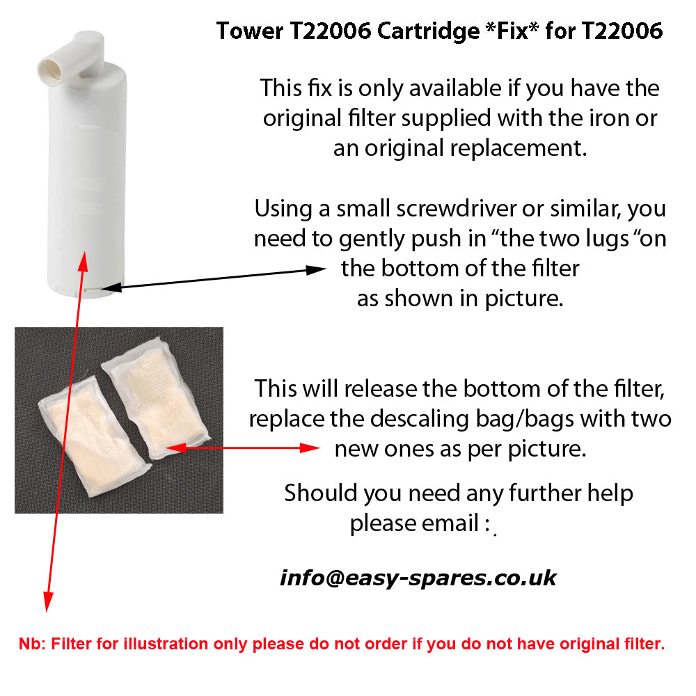 Instructions for using a Tower T22006 Cartridge Fix for T22006 filter replacement.