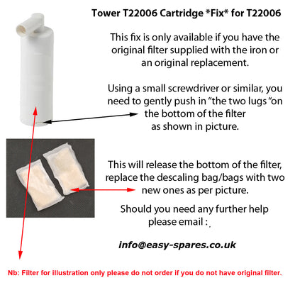 Instructions for using a Tower T22006 Cartridge Fix for T22006 filter replacement.
