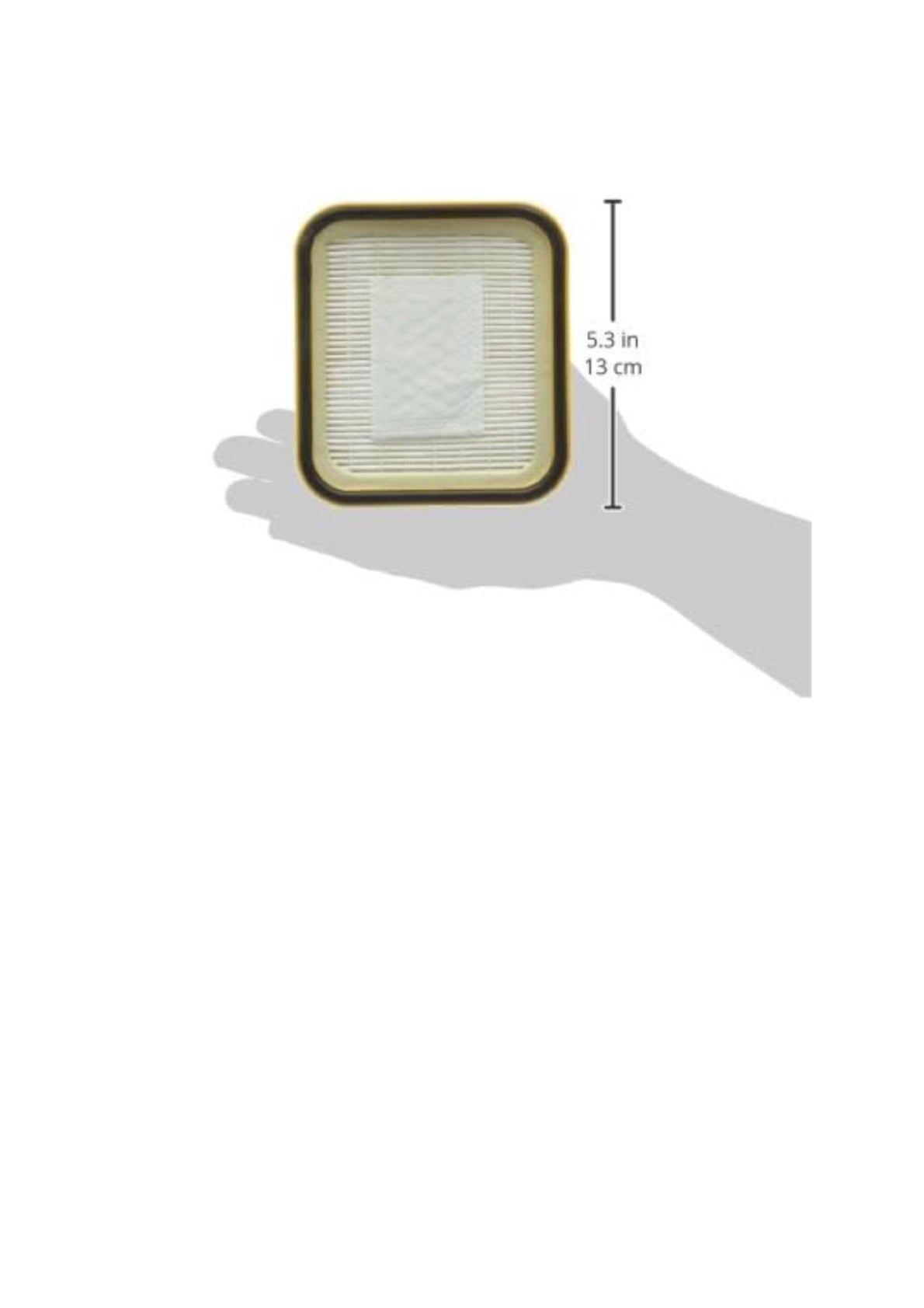 Rectangular light filter held by a hand with dimensions indicated on a white background
