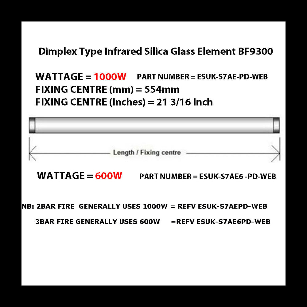 Technical specifications of Dimplex Type Infrared Silica Glass Element BF9300 on a white background