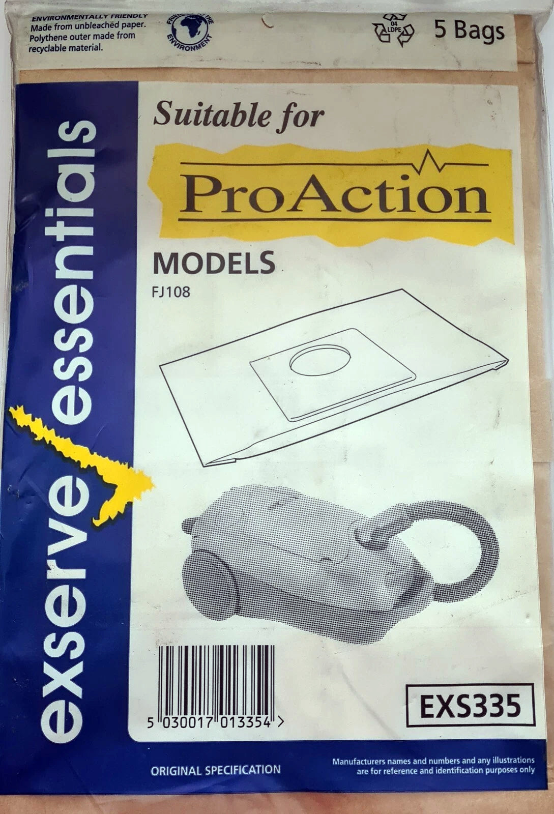 Exserve essentials vacuum bag packaging suitable for ProAction models on a wooden surface.