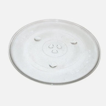 Clear glass microwave plate with 6 fixers on a white background