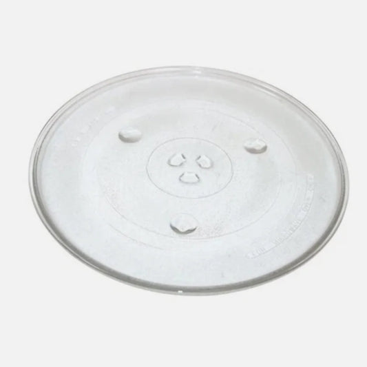 Clear glass microwave plate with 6 fixers on a white background