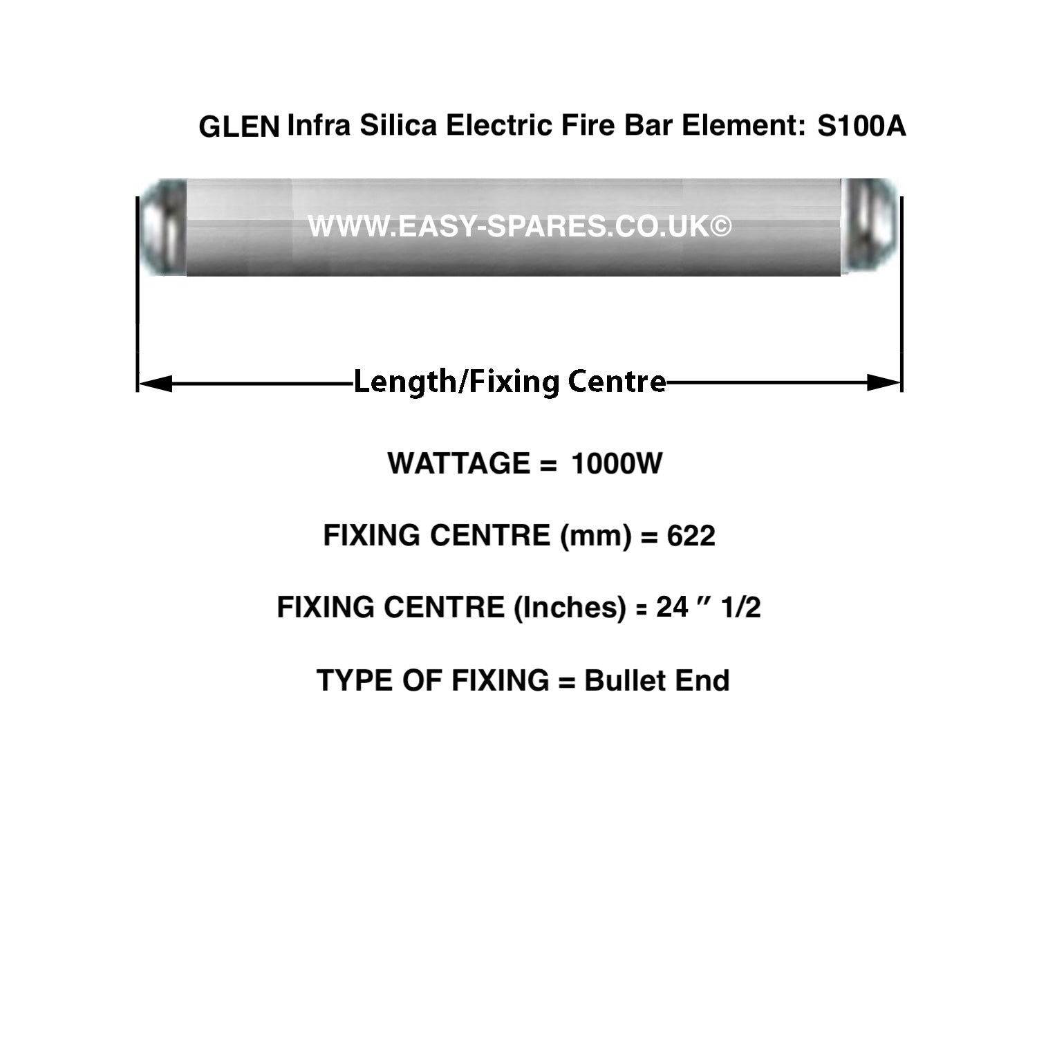 GLEN Type Silica Infrared Electric Fire Bar Glass Element BF7206 S100A - 1000 Watts