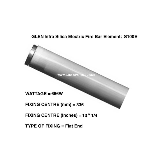 GLEN Infra Silica Electric Fire Bar Element S100E with specifications on a white background