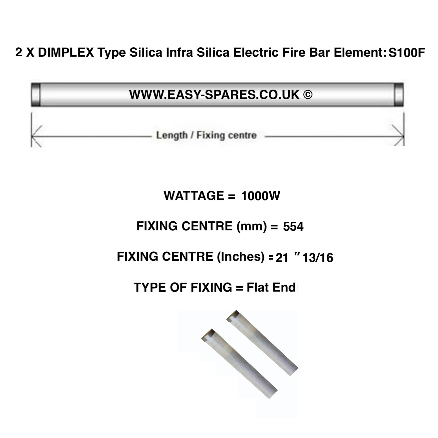 2 x GLEN Type Silica Infrared Electric Fire Bar Glass Element S100F - 1000 Watts