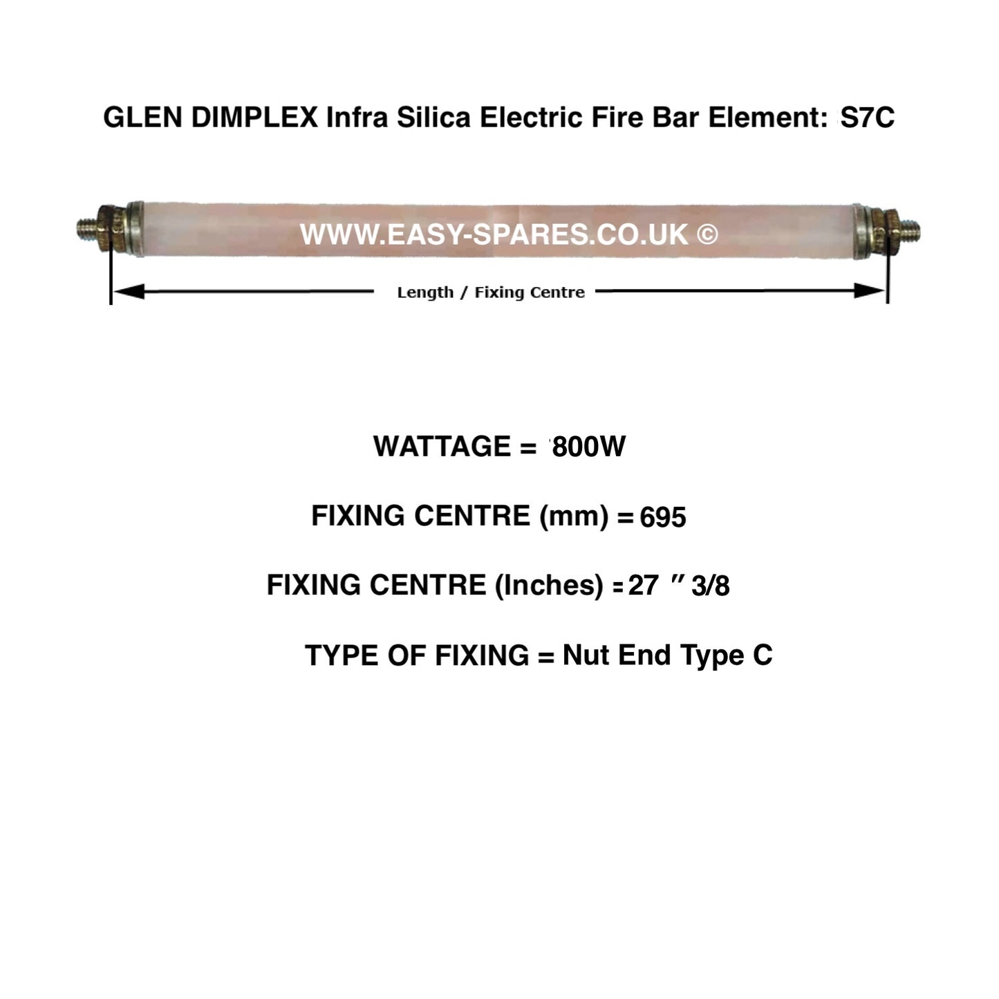 Glen Dimplex infra silica electric fire bar element with specifications on a white background