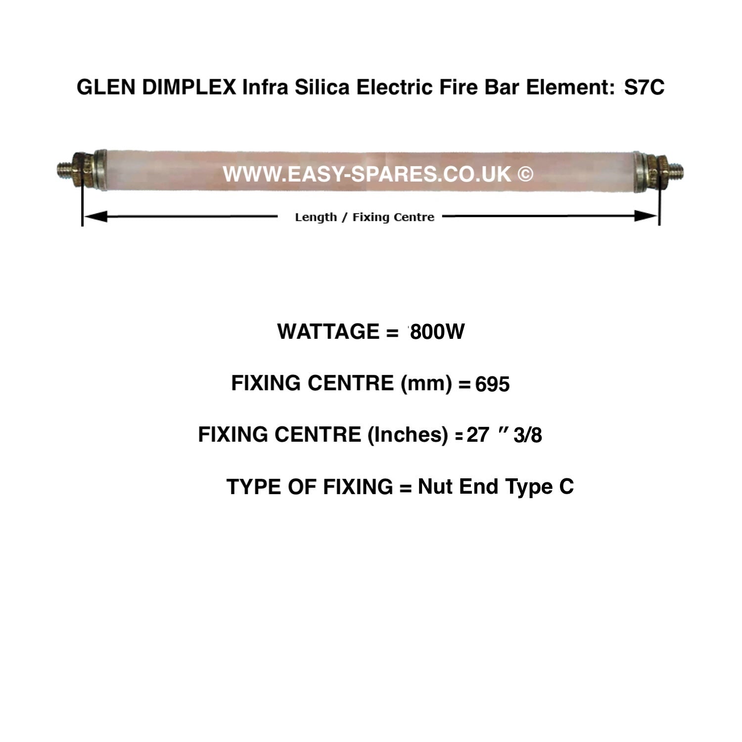 Glen Dimplex infra silica electric fire bar element with specifications on a white background