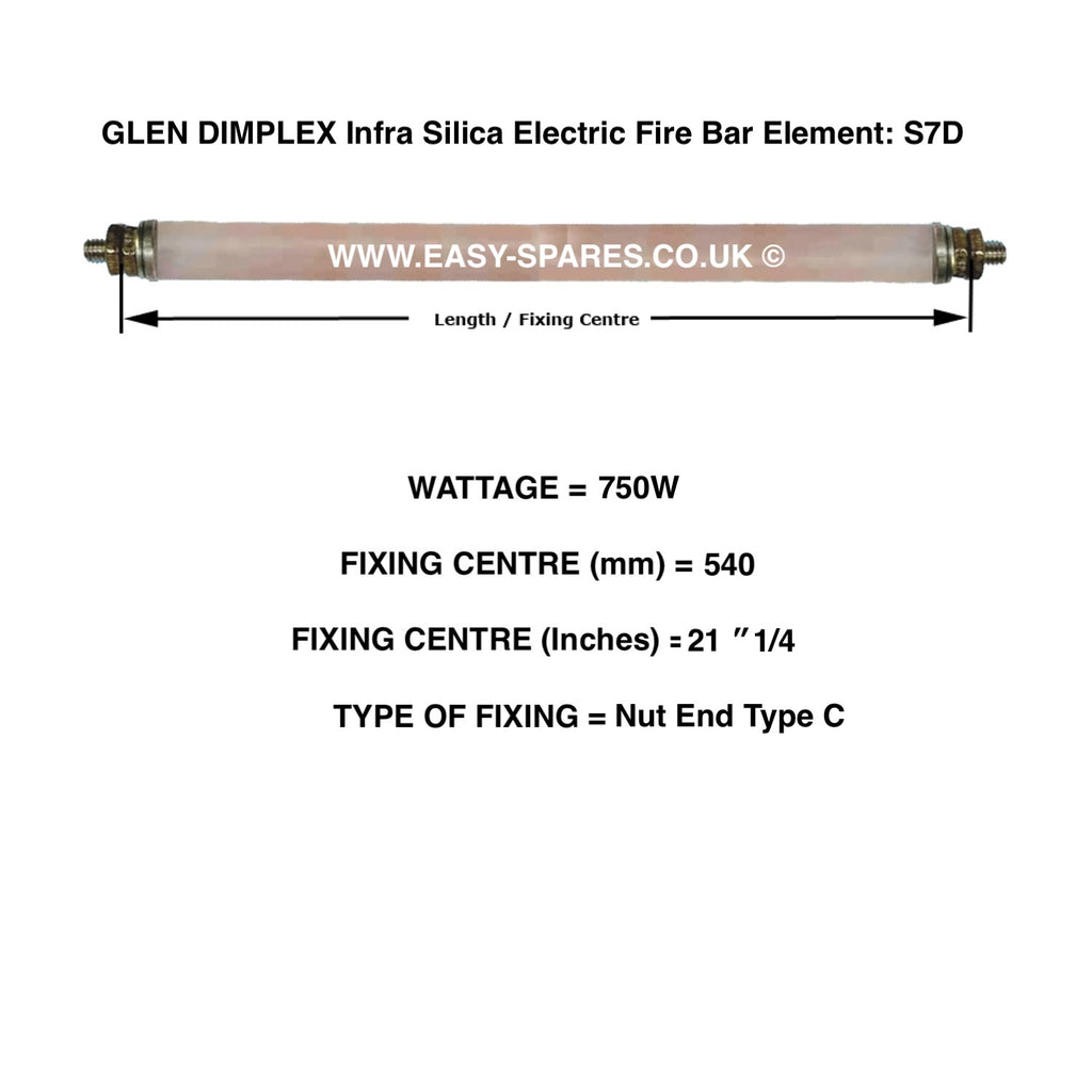 GLEN DIMPLEX Silica Infrared Electric Fire Bar Glass Element S7D - 750 Watts