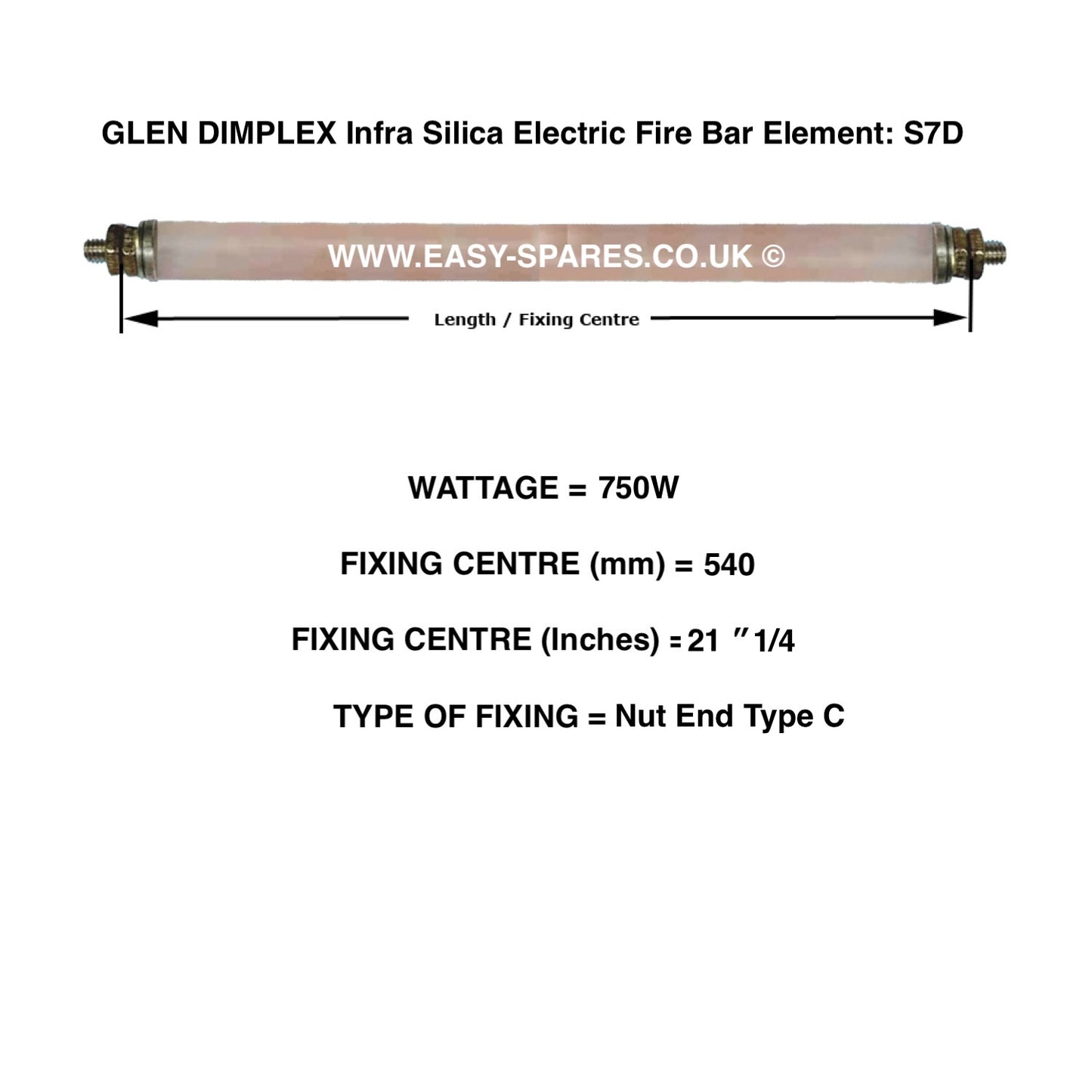 Glen Dimplex infra silica electric fire bar element with specifications on a white background