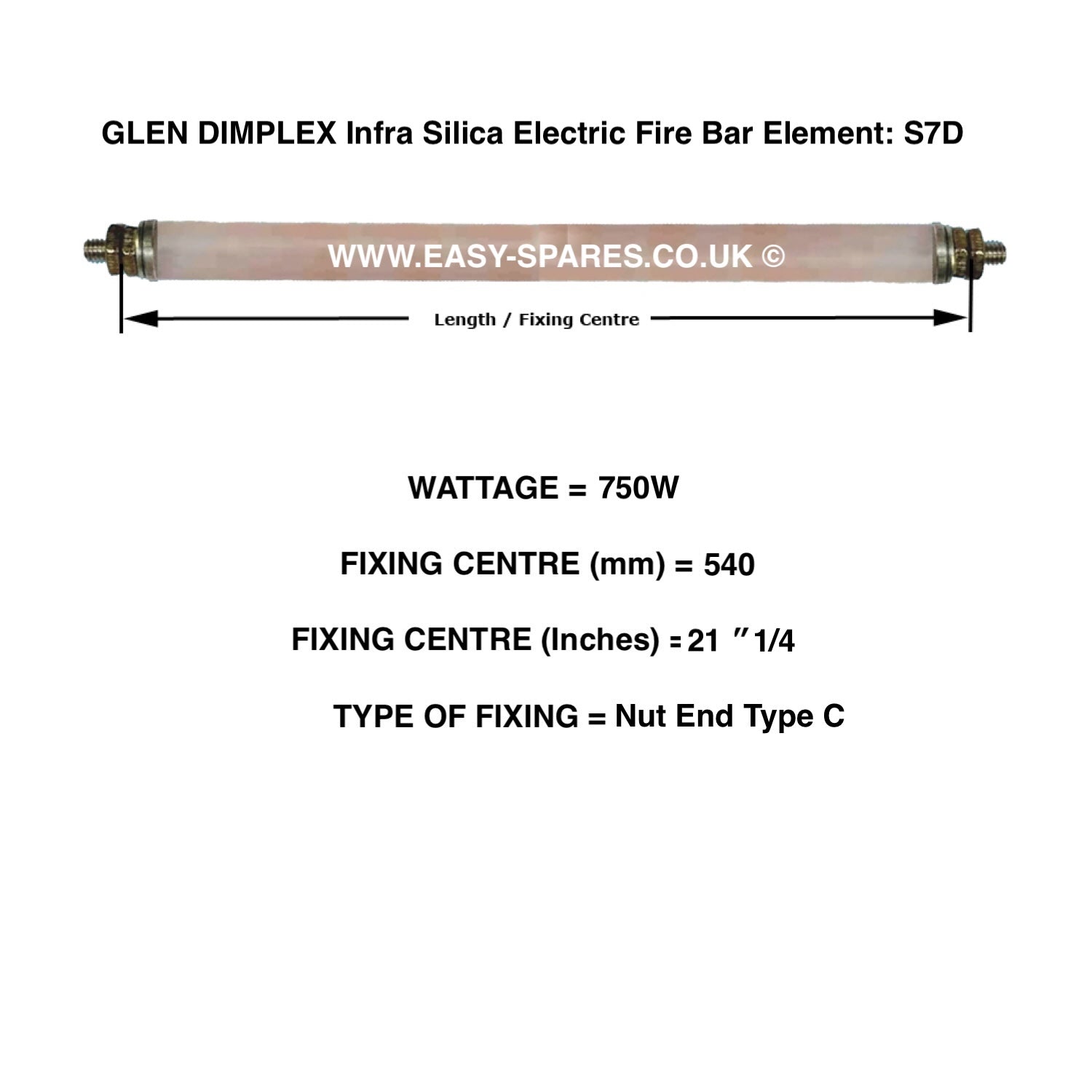 Glen Dimplex infra silica electric fire bar element with specifications on a white background
