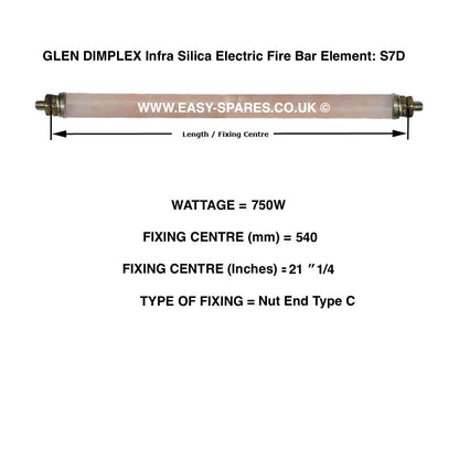 Glen Dimplex infra silica electric fire bar element with specifications on a white background