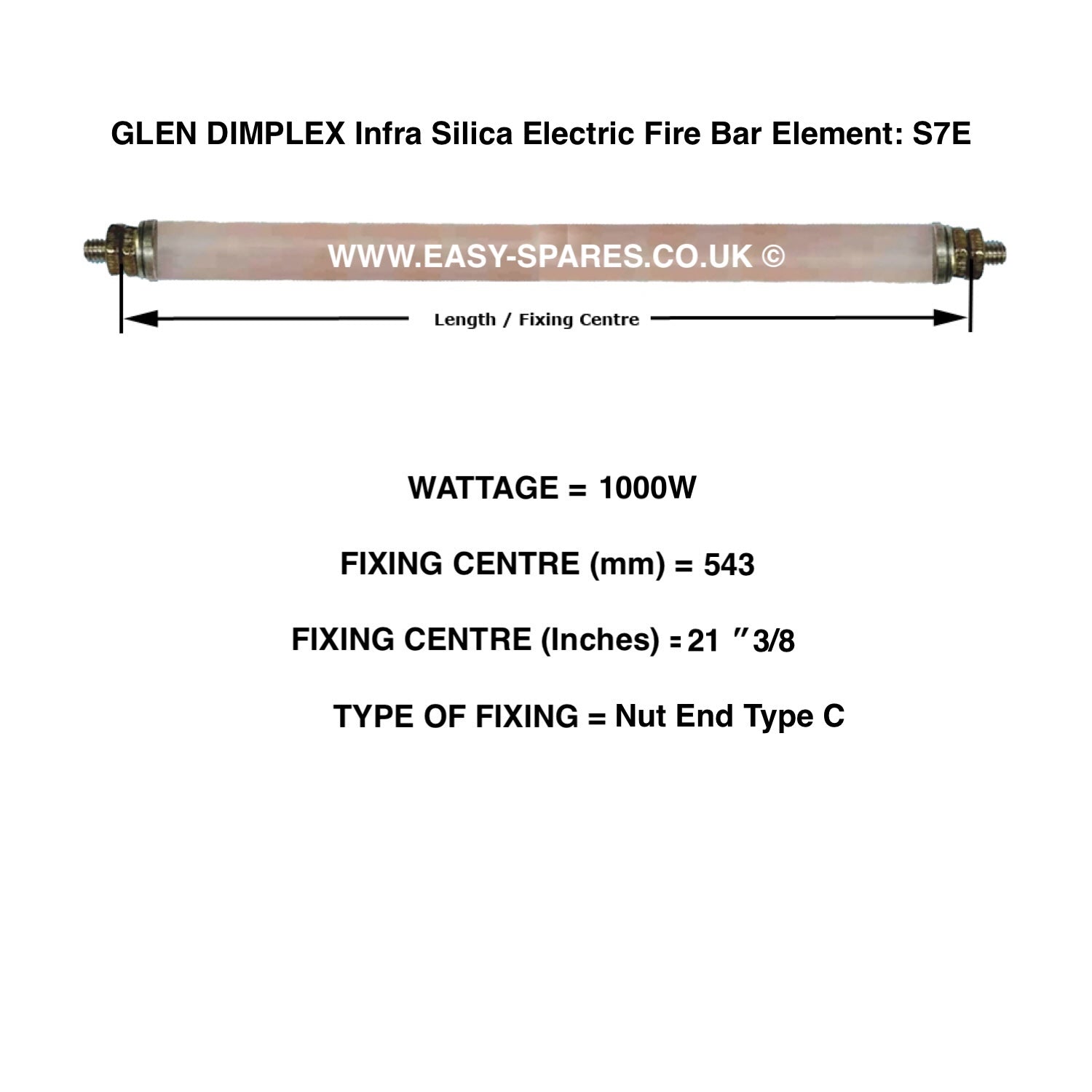GLEN DIMPLEX Silica Infrared Electric Fire Bar Glass Element S7E - 1000 Watts